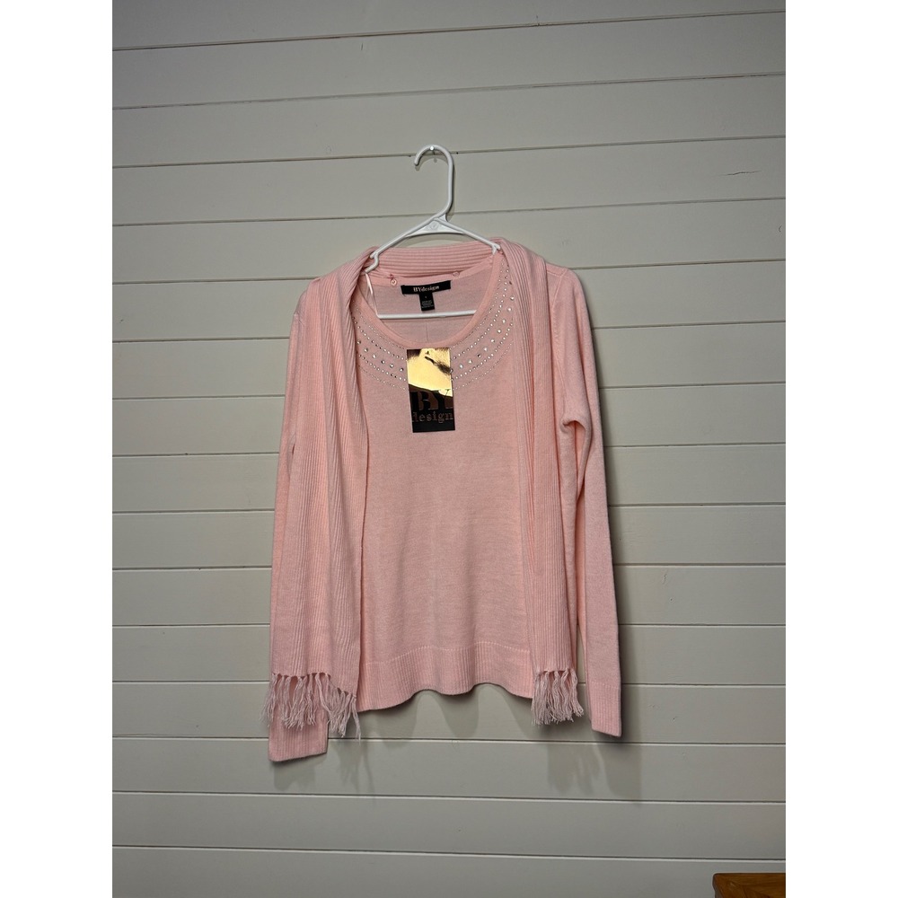 NWT Crystal Rose Pink Embellished Long Sleeve Sweater Large With Removable Scarf